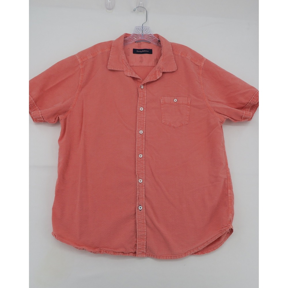 Tommy Bahama Relax Mens XL Coral Orange Textured Cotton Tencel Button Down Shirt